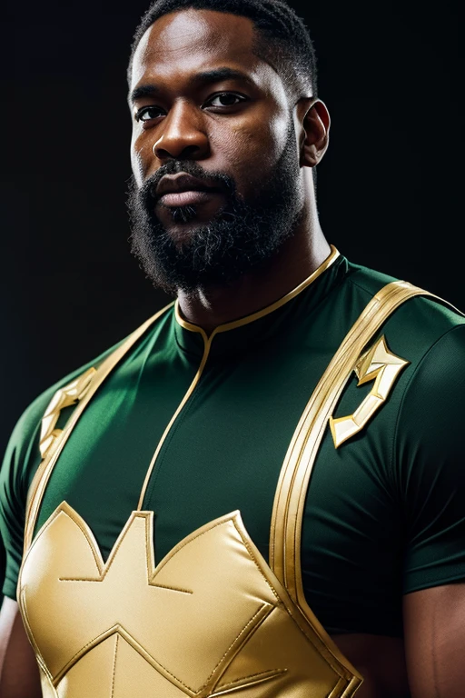 44 year old black man, with white beard wearing black eye mask, and uniform-style superhero uniform, green and gold uniform.