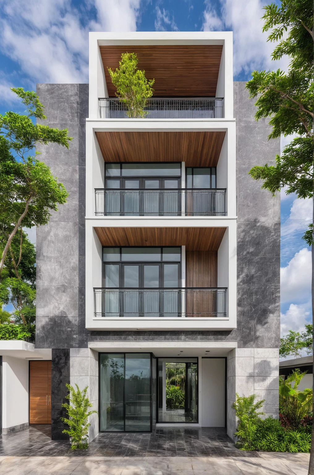 masterpiece, best quality, exterior design, single 1 storie modern house on the Vietnam village, marble, steel, modern dark tiled granite and white walls facade, wooden ceiling, large glass, minimalist modern style, green shrubs and tropical tree background, large door and windows.