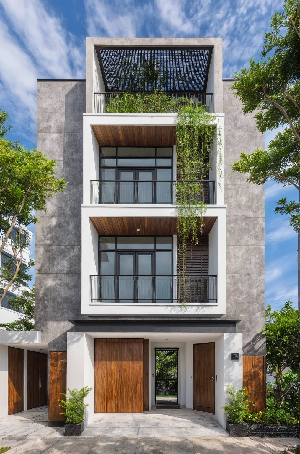 masterpiece, best quality, exterior design, single 1 storie modern house on the Vietnam village, marble, steel, modern dark tiled granite and white walls facade, wooden ceiling, large glass, minimalist modern style, green shrubs and tropical tree background, large door and windows.