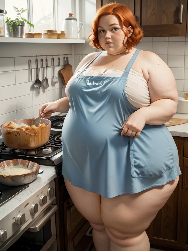 A muffin-baking photo of a young beautiful tradwife redhead ssbbw with short ginger hair soft fat belly, very wide fat obese hips, very obese legs, thick fat wide legs and fat arms, cute pretty face, small breasts, blue eyes, freckles, in underwear and cooking apron in a kitchen, makeing lot ot muffins