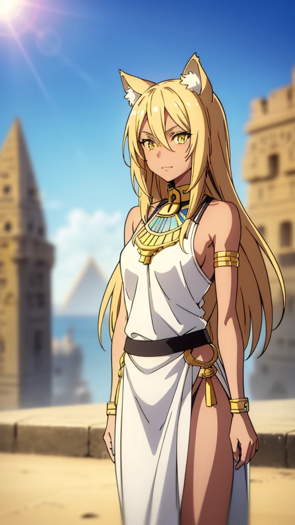 1girl ,solo,20s,mature female,blonde hair,long hair,cat ears,yellow eyes,(((dark skin))),(Egypt city, blue sky, sun),egypt oufit,bare shoulders,looking at view