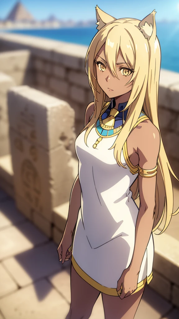 1girl ,solo,20s,mature female,blonde hair,long hair,cat ears,yellow eyes,(((dark skin))),(Egypt city, blue sky, sun),egypt oufit,bare shoulders,looking at view