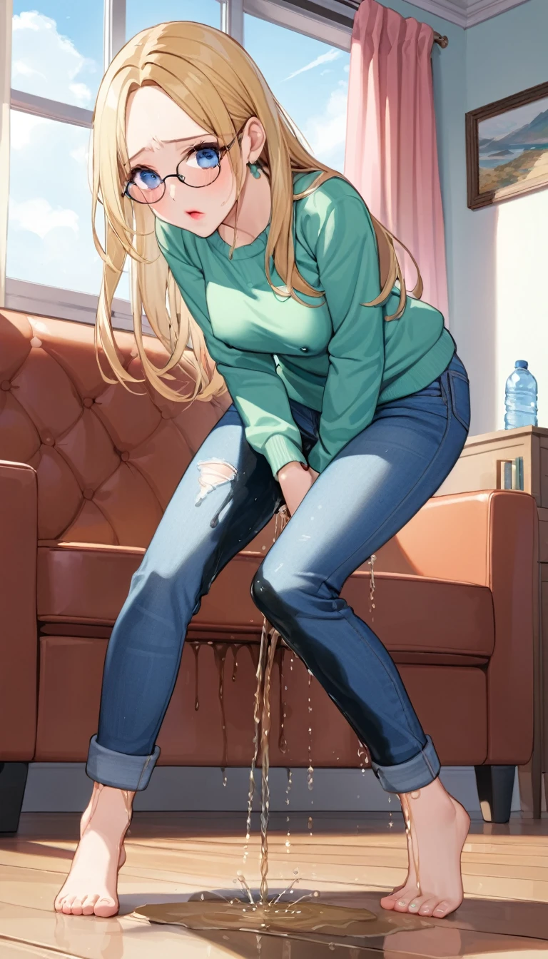 ((best quality, masterpiece:1.3, 8K)), (detailed), highly detailed face and skin texture, detailed eyes, living room, window, empty water bottles, full body, standing, (slender body:1.1), 1girl, 25 years old, white skin, blue eyes, reading glasses, bright lips, scared, worried, embarrassed, blonde hair, straight hair, long hair, (forehead:1.0), green sweater, hard nipples, jeans pants, skinny jeans, blue jeans, barefoot, (wetting herself:2.0), desperation:1.5,