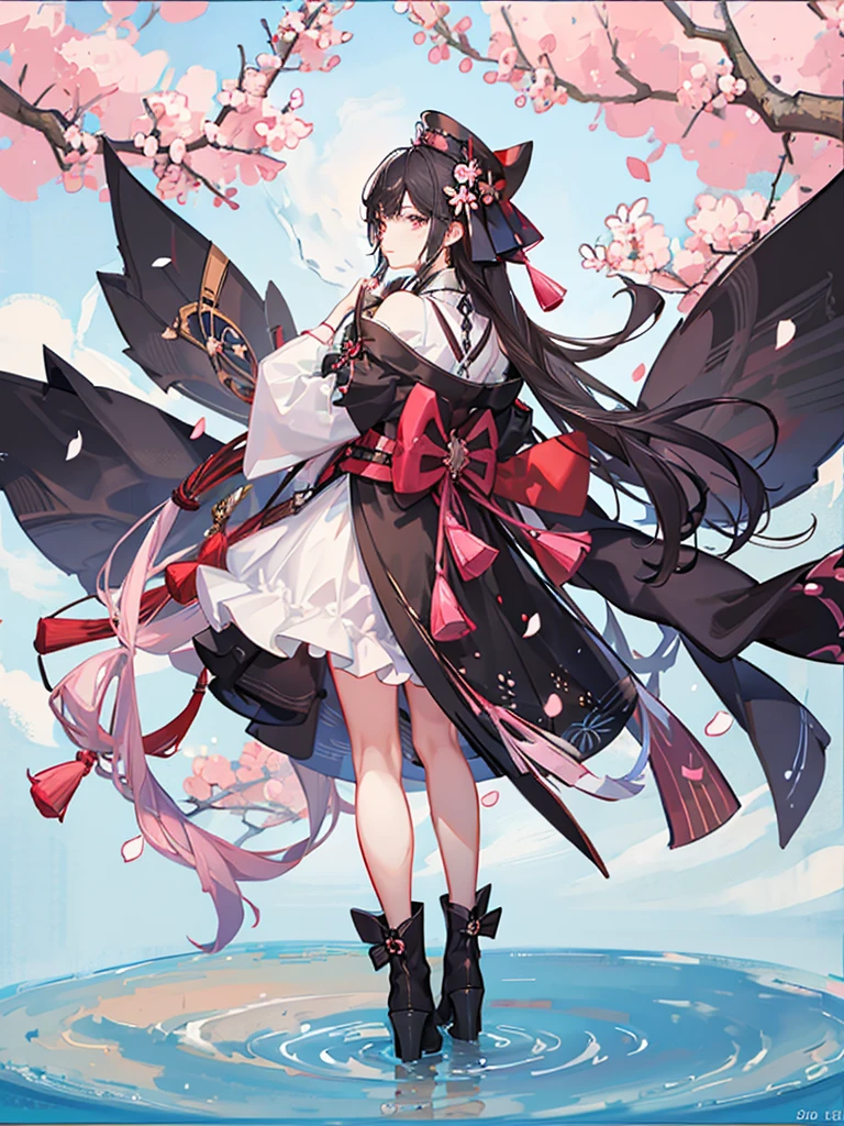 best quality, character design sheet, adult woman、No hat on, Black and pink hair, whole body, Head to Toe, Fortuneteller、Standing facing forward, Beautiful black dress, long Black Hair, Pure white background, from front, best quality, Cherry blossom pattern、Japanese、Adult Japanese、Clear eyes、Standing facing forward、The face is facing forward、holding a magic card in hand、White background、Black western dress、Neutral face、Black hair with pink inner color