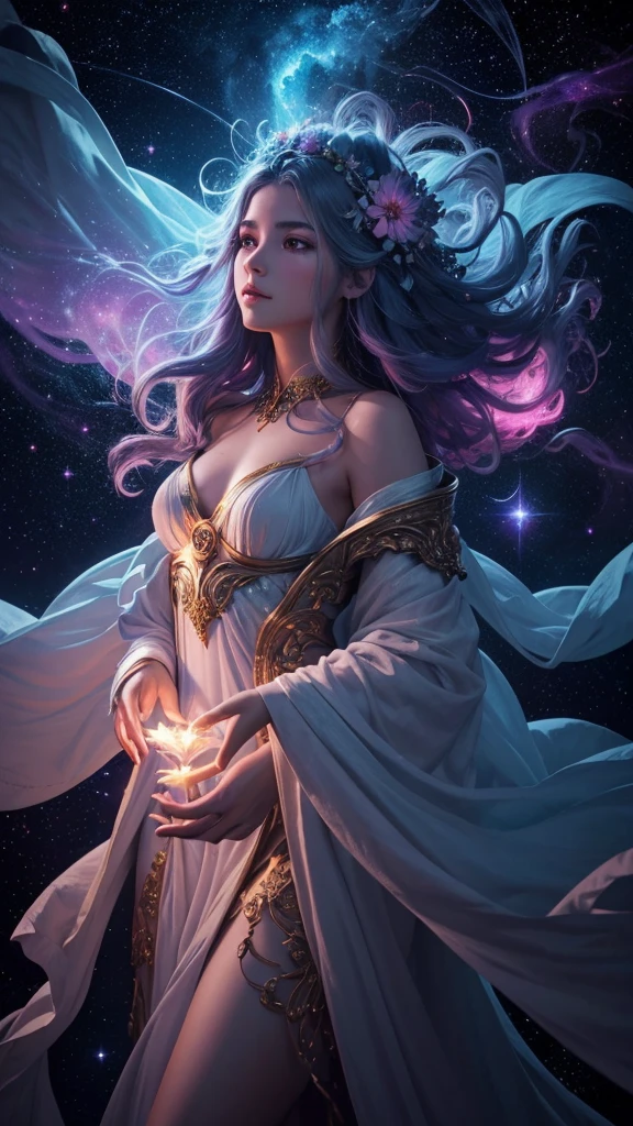 Digital painting by MSchiffer of a female Goddess, her physical body is transforming into smoke, wearing elegant robes as clothing that flows in the air in a waving way, perfectly detailed delicate face, soft features, the environment is the heart of a heavenly forest with trees and vines made out of nebulas and stars, in a classical style, celestial and cosmic, bold colors, soft billowing smoke, glowy cosmic flowers, billowing, cinematic lights, fantasy art, surreal, high contrast, HDR+, bokeh effect, cosmic, cosmos, nebula
