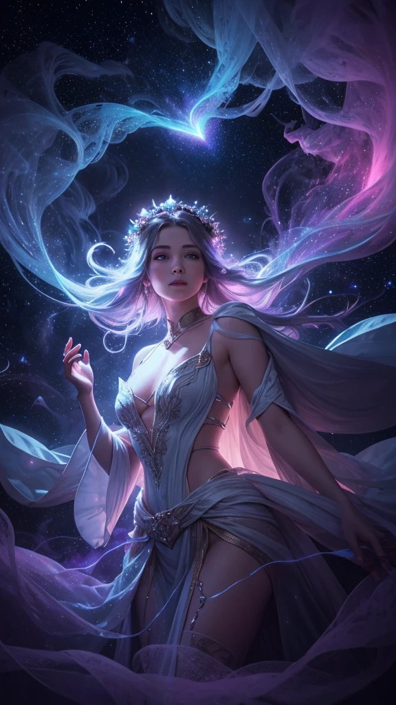 Digital painting by MSchiffer of a female Goddess, her physical body is transforming into smoke, wearing elegant robes as clothing that flows in the air in a waving way, perfectly detailed delicate face, soft features, the environment is the heart of a heavenly forest with trees and vines made out of nebulas and stars, in a classical style, celestial and cosmic, bold colors, soft billowing smoke, glowy cosmic flowers, billowing, cinematic lights, fantasy art, surreal, high contrast, HDR+, bokeh effect, cosmic, cosmos, nebula