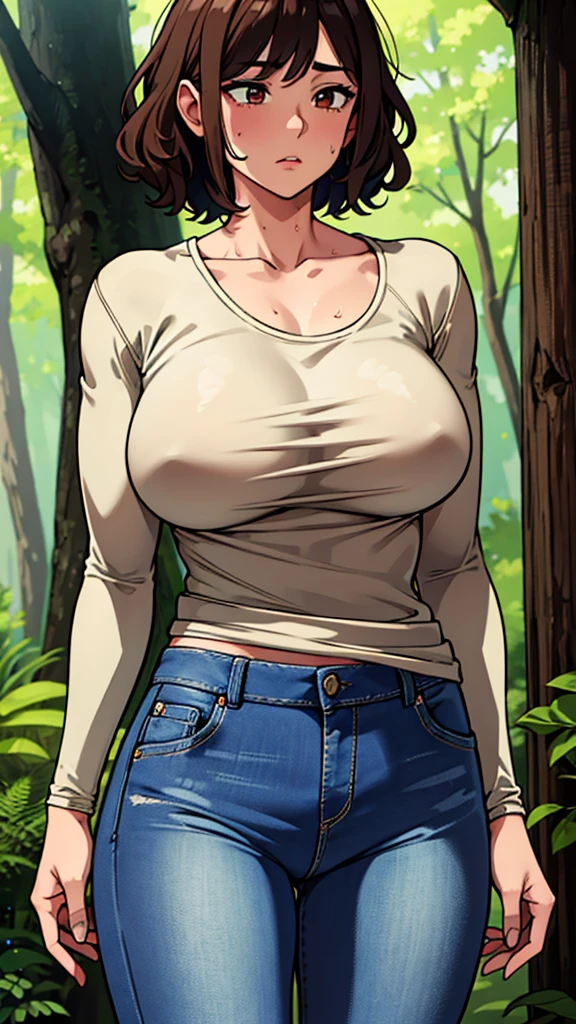 masterpiece, best quality, ultra-detailed, 1girl, eye-level shot, standing posture, brown curly short hair, large breasts, sweaty skin, (collarbone), long sleeve compression shirt, jeans, forest
