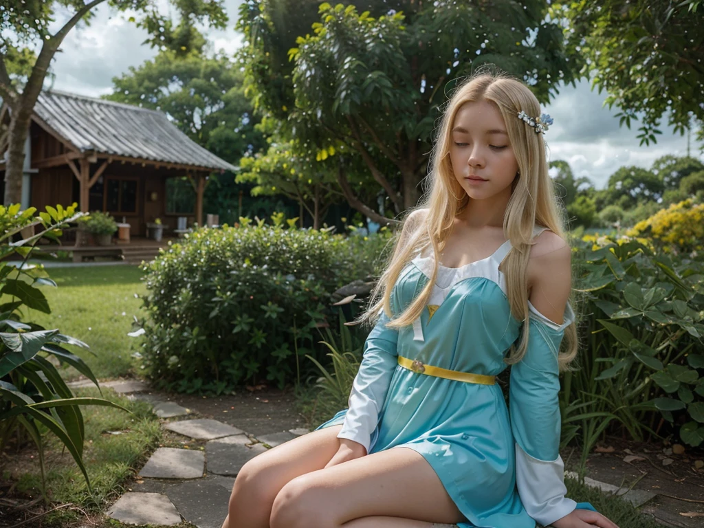 A young girl with an angelic aura long blond hair is sitting, with one knee raised. They wear a blue and white costume. The setting is a cloudy sky with shades of green and yellow, suggesting dawn or dusk. The character extends his arm to a small white bird resting on his hand. The scene conveys a serene interaction between human and nature.