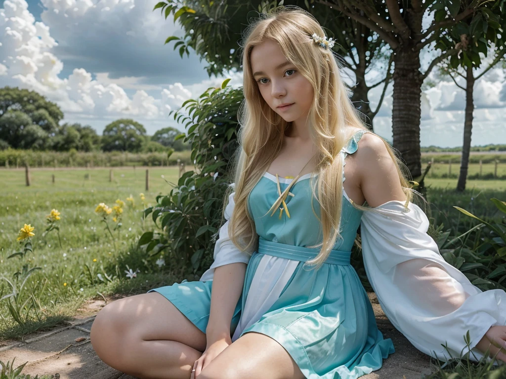 A young girl with an angelic aura long blond hair is sitting, with one knee raised. They wear a blue and white costume. The setting is a cloudy sky with shades of green and yellow, suggesting dawn or dusk. The character extends his arm to a small white bird resting on his hand. The scene conveys a serene interaction between human and nature.