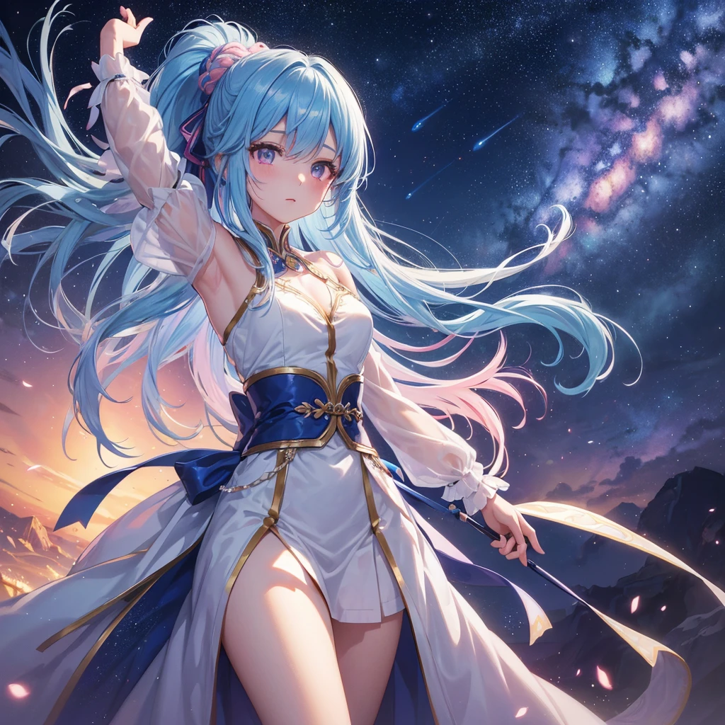 Sky blue hair, (One braided ponytail),(Pink Eyes),Fair skin ,(whole body),(One girl),goddess,Orihime,(Sky Yue),Tanabata,(The Milky Way in the night sky),Hollow Eyes,Blushing,Straight bangs,(masterpiece, Highest quality, Very detailed, Best Shadow), (Detailed Background), (Beautifully detailed face), High Contrast, (Best lighting, Very delicate and beautiful), ((Cinematic Light)), colorful, Hyper Detail, Dramatic Light, Intricate details,Open your arms