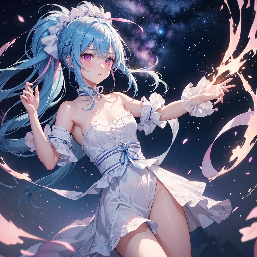 Sky blue hair, (One braided ponytail),(Pink Eyes),Fair skin ,(whole body),(One girl),goddess,Orihime,(Sky Yue),Tanabata,(The Milky Way in the night sky),Hollow Eyes,Blushing,Straight bangs,(masterpiece, Highest quality, Very detailed, Best Shadow), (Detailed Background), (Beautifully detailed face), High Contrast, (Best lighting, Very delicate and beautiful), ((Cinematic Light)), colorful, Hyper Detail, Dramatic Light, Intricate details,Open your arms