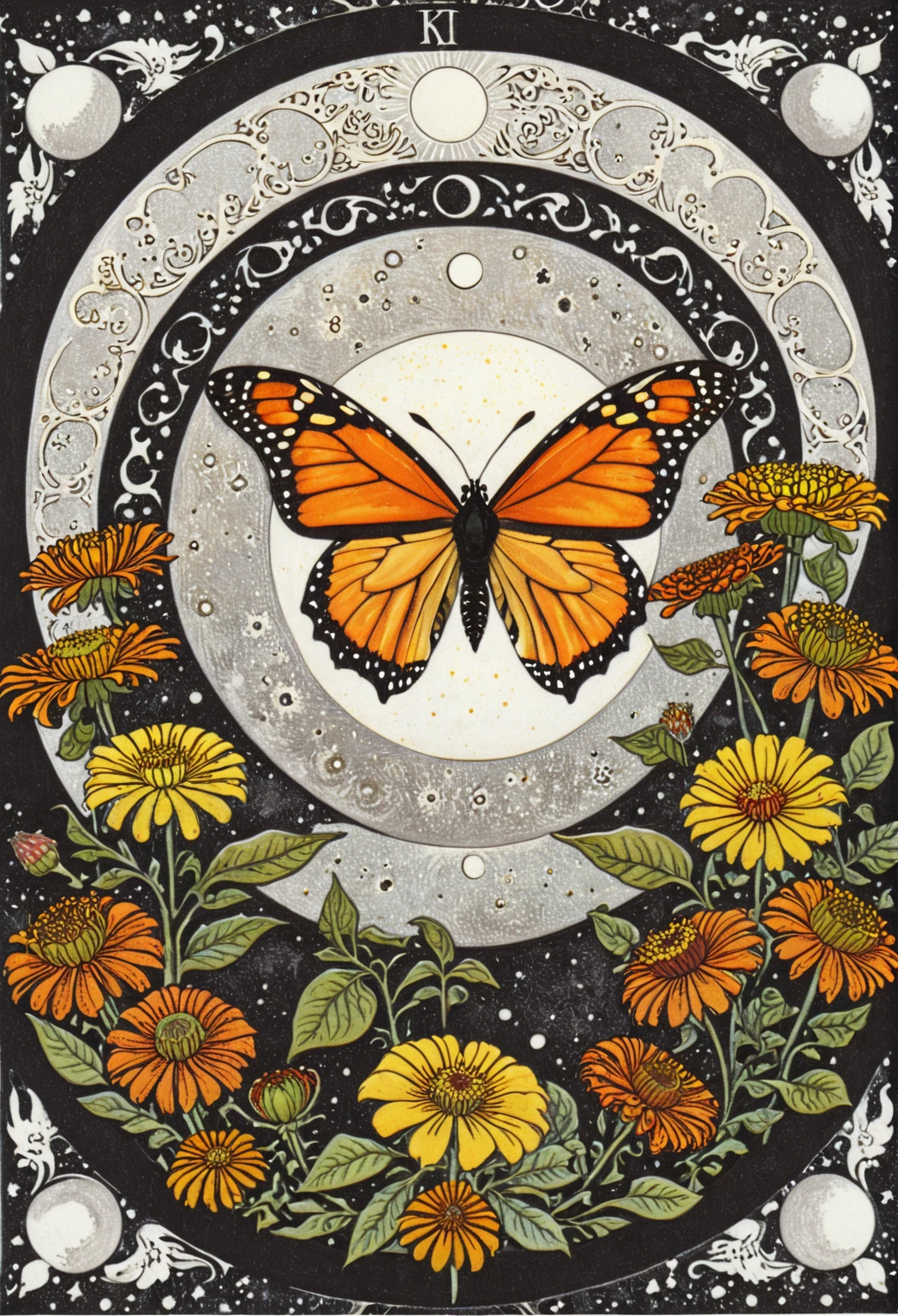 symmetric, balanced, monarch butterfly at the center of the moon surrounded by a frame of zinnia flowers, dark amber and gray colors, ephemeral patterns, witchcore aesthetics, cloisonnism, eleanor vere boyle, Ivan Bilibin Style page, lks73zb1, Inkdrawing, by Kr355e