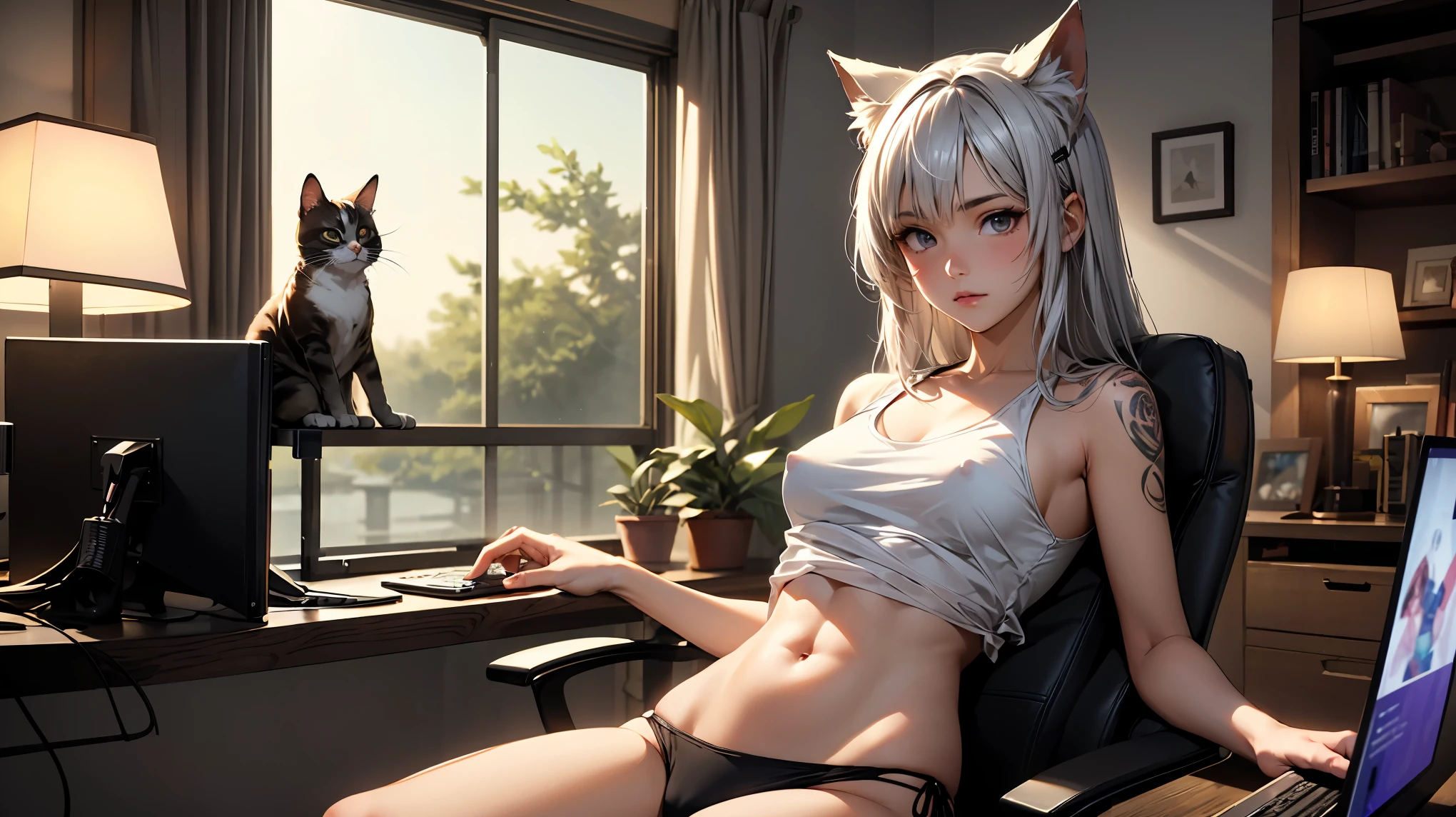 Create a high-quality, detailed image of a beautiful, anime gamer girl with tattoos and long silver hair, and small cat ears, sitting at her gaming PC in her gaming room. She is wearing a see through tank top, barely showing her nipples, and panties, showing her midriff, highlighting her stunning curves. The warm, inviting scene includes soft ambient lighting, comfortable seating, The setting is illuminated by a small lamp, creating a serene and intimate atmosphere