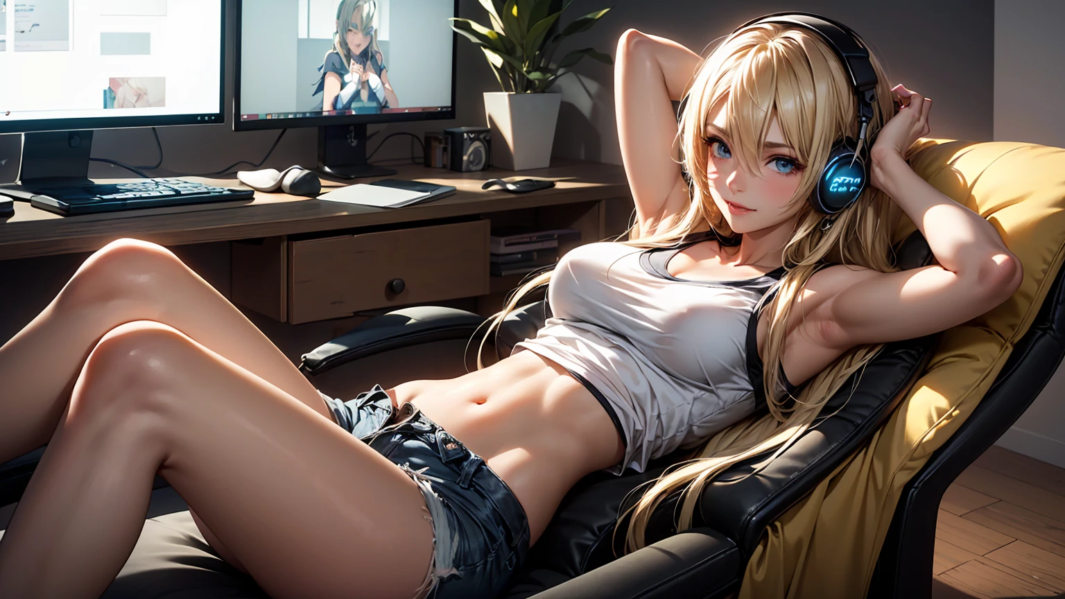 Create an image of a beautiful, erotic anime girl with long blonde hair, and happy eyes, showing her stomach, relaxing in a cozy lounge. She is wearing a cutoff shirt and shorts, with headphones on, enjoying her music while sitting in her gaming chair. The lounge has warm, dim lighting, and personal items scattered around, creating a sense of intimacy and relaxation