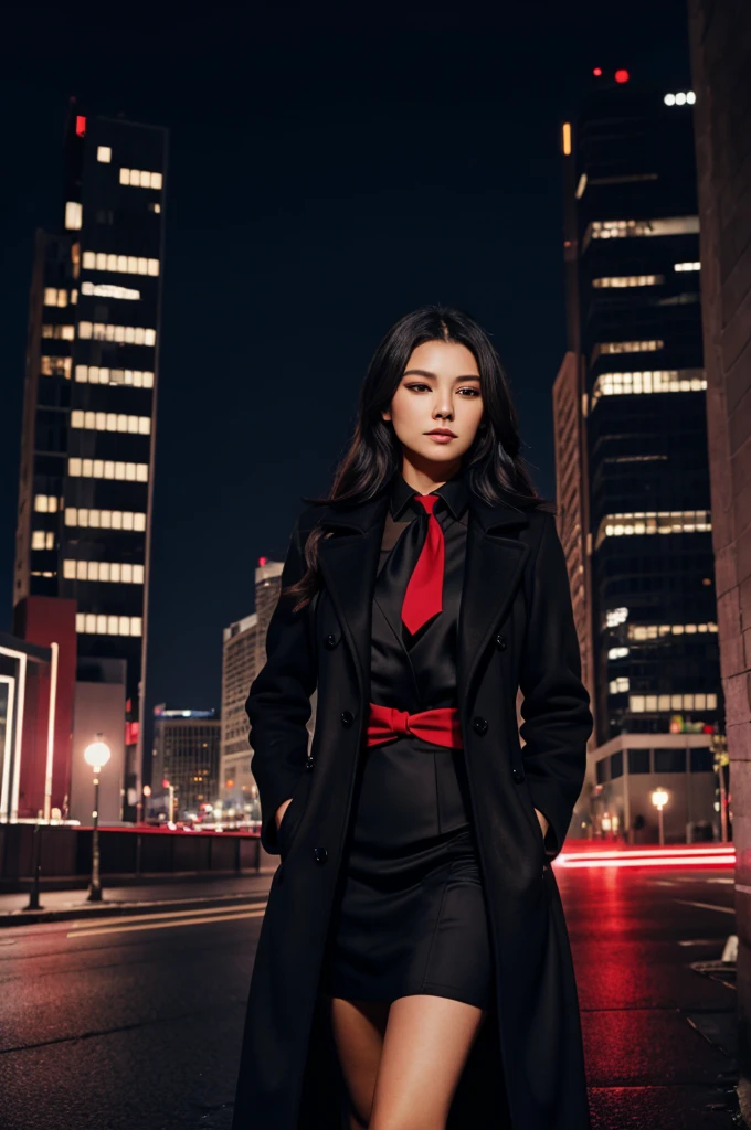 A women with long black coat and light red shirt and black tie.. background long building in night 