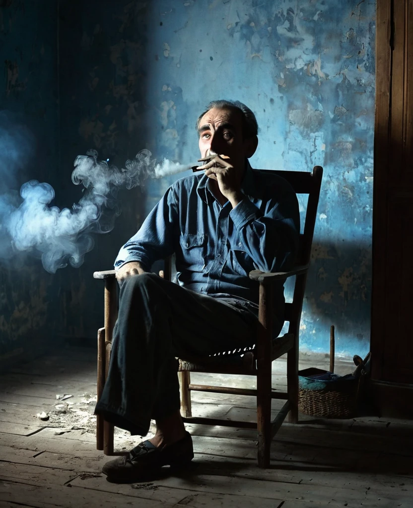 ABANDONED ROOM, Worn Walls, old furniture covered in dust.
The only light comes from the TV, displaying static.
Tired man sitting on an old wooden chair.
He holds a lit cigarette, whose smoke slowly dissipates.
The bluish light from the TV illuminates your face and part of the room, creating a game of shadows.