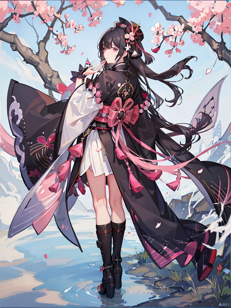 best quality, character design sheet, adult woman、No hat on, Black and pink hair, whole body, Head to Toe, Fortuneteller、Standing facing forward, Beautiful black dress, long Black Hair, Pure white background, from front, best quality, Cherry blossom pattern、Japanese、Adult Japanese、Clear eyes、Standing facing forward、The face is facing forward、holding a magic card in hand、White background、Black western dress、Neutral face、Black hair with pink inner color