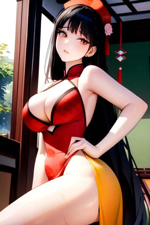 (from outside) (Shiny skin), many colors,best quality best,Masterpiece,Photo-realistic,complicated details,RAW photos,court,Gorgeous cheongsam in many colorss,extra long hair,Crooked shoulders,delicate face,Revealing the cleavage,decorate,standing by the window,on a cheongsam,lace,Underwear,decorate,revealing thighs,Close-up from the front,looking at camera.She arched her ass for the dog to see and he jumped and pounded her ass..