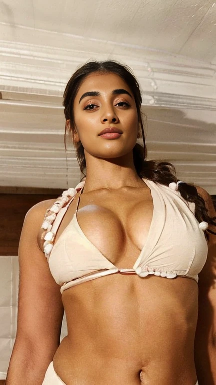 No make up,body facing viewer,(( front view)), (showing navel), medium breast,cold temperature,close up photo of semi naked Pooja hegde,((cotton bikini)), bedroom,intricate details, cold room, lean eyebrow, pooja hegde,pooja1, kodak, looking at viewer,detailed background,((cool)),free hair