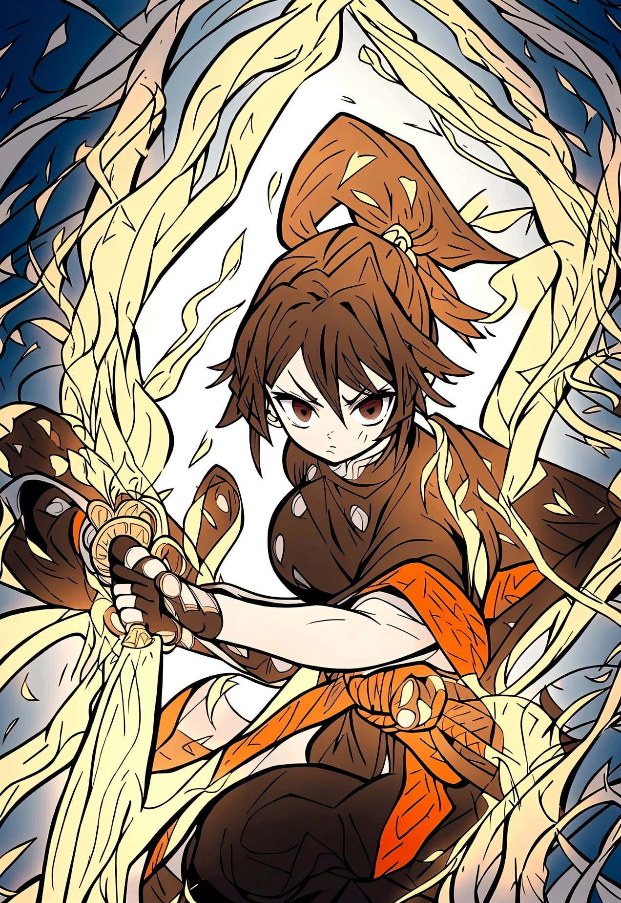 A warrior woman inspired by "Demon Slayer" wears a stylish and powerful Hashira uniform. She wears a black top that reveals her toned stomach, paired with fitted black pants. Black kimono has tips adorned with a gradient of flames, from yellow to orange. She has medium black hair, loose and curled, emoldurando seu rosto. His dark brown eyes exude determination and wisdom.. She holds a katana tightly, and around you, there is an aura of dancing flames, reflecting its intense presence. The scenery is dramatic, with a full moon in the sky. shoulders showing, tight-fitting glove up to the forearm
