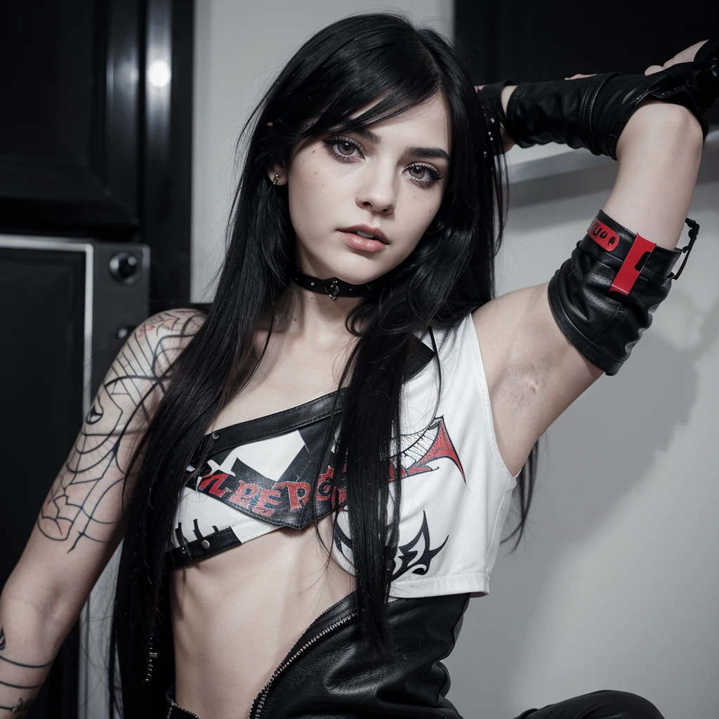 thin realistic girl with white skin and a thin face, eyes with black irises, black eyebrows and long, red, straight hair with a bad face dressed in short leather clothes in rock'n roll style with piercings and spider web tattoos on her face. face and arms on a background with trendy shapes in black and white.