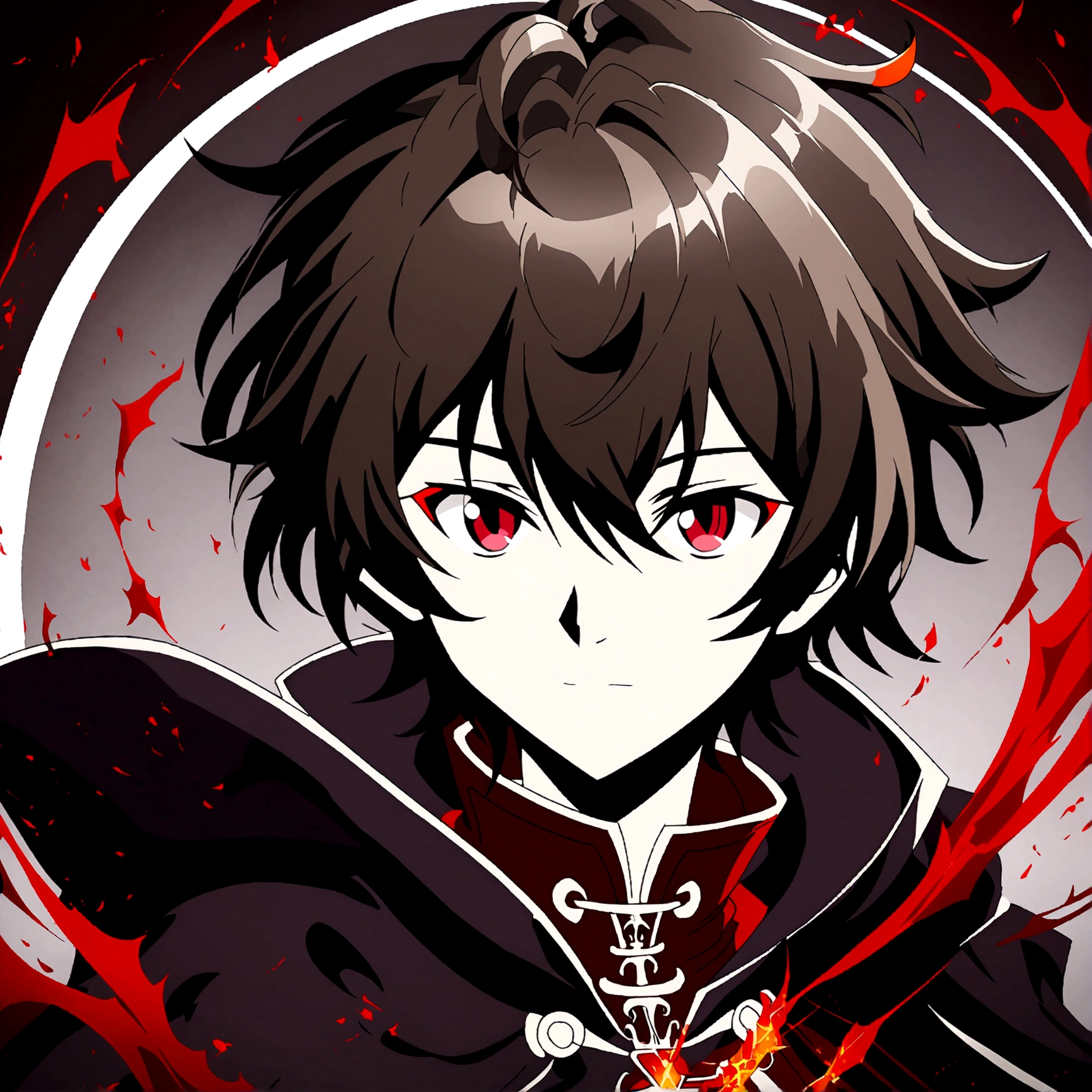 anime style diffusion, upper body, ((face to the side 0.3)), boy with messy brown hair bright red eyes, ((open eyes 0.5)), neutral face, black majestc cloak with red details, upper light, high contrast , 2D style, photoshop, cinematic