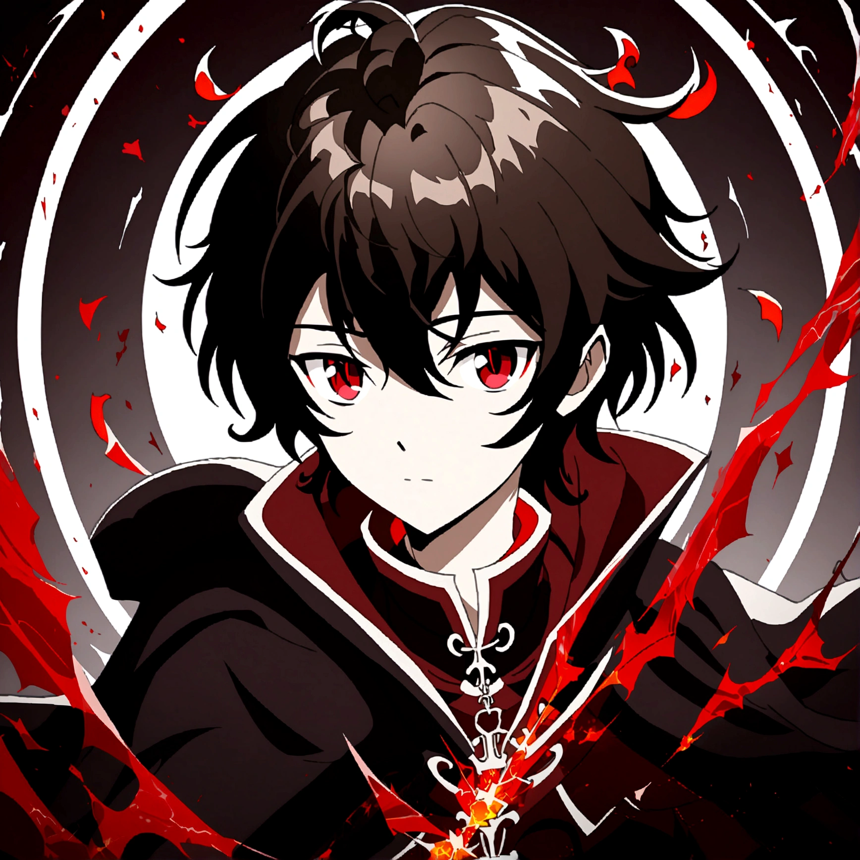 anime style diffusion, upper body, ((face to the side 0.3)), boy with messy brown hair bright red eyes, ((open eyes 0.5)), neutral face, black majestc cloak with red details, upper light, high contrast , 2D style, photoshop, cinematic
