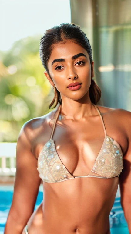 No make up,body facing viewer,(( front view)), (showing navel), medium breast,cold temperature,close up photo of semi naked Pooja hegde,((cotton bikini)), bedroom,intricate details, cold room, lean eyebrow, pooja hegde,pooja1, kodak, looking at viewer,detailed background,((cool)),free messy hair style