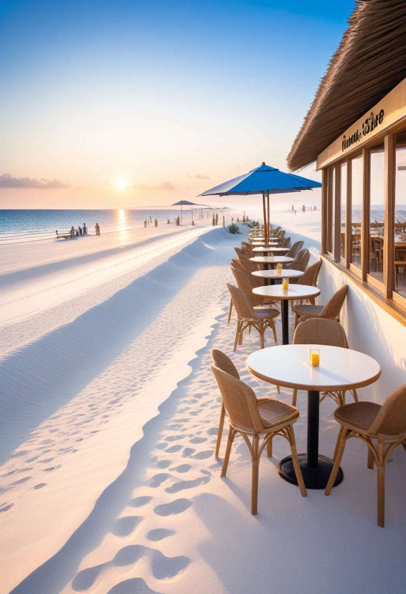 a beach cafe set in beautiful white sands where customers can see the sea and the the sunset