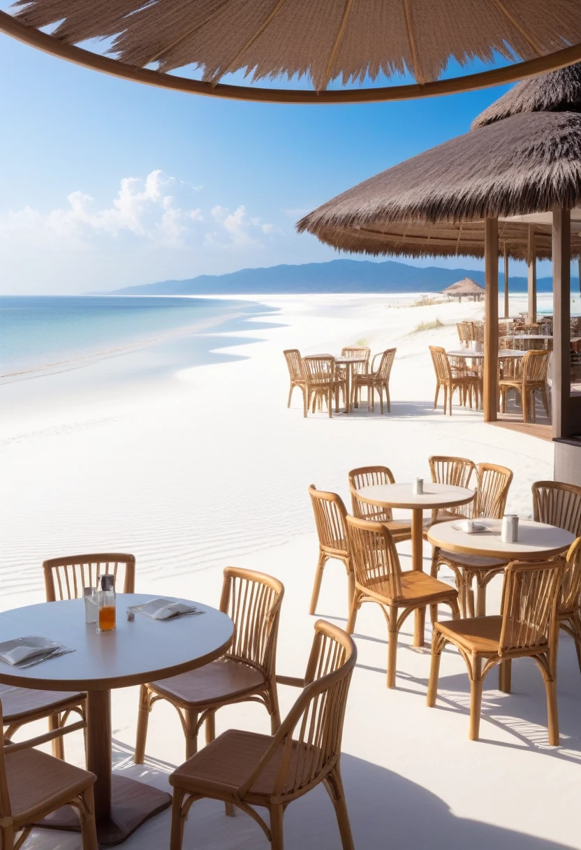 a beach cafe set in beautiful white sands where customers can see the sea and the the sunset