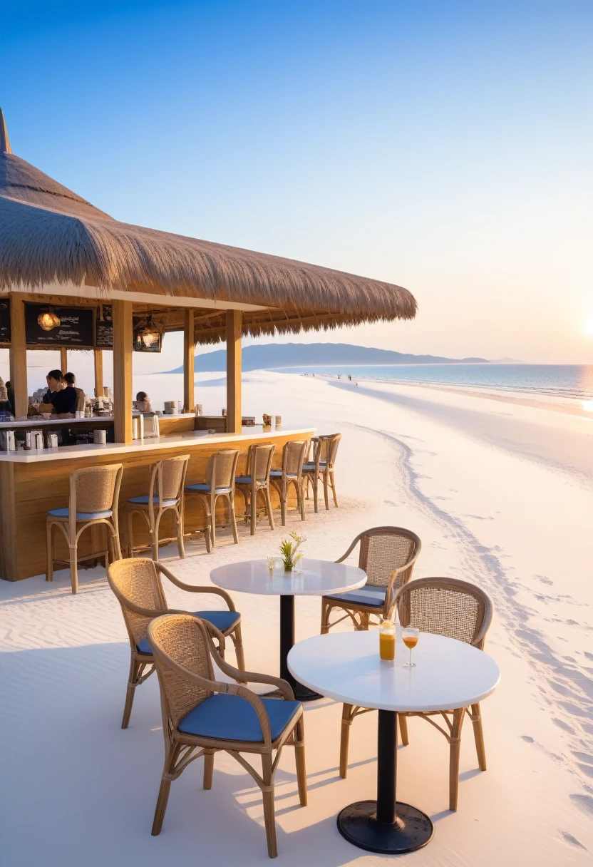 a beach cafe set in beautiful white sands where customers can see the sea and the the sunset