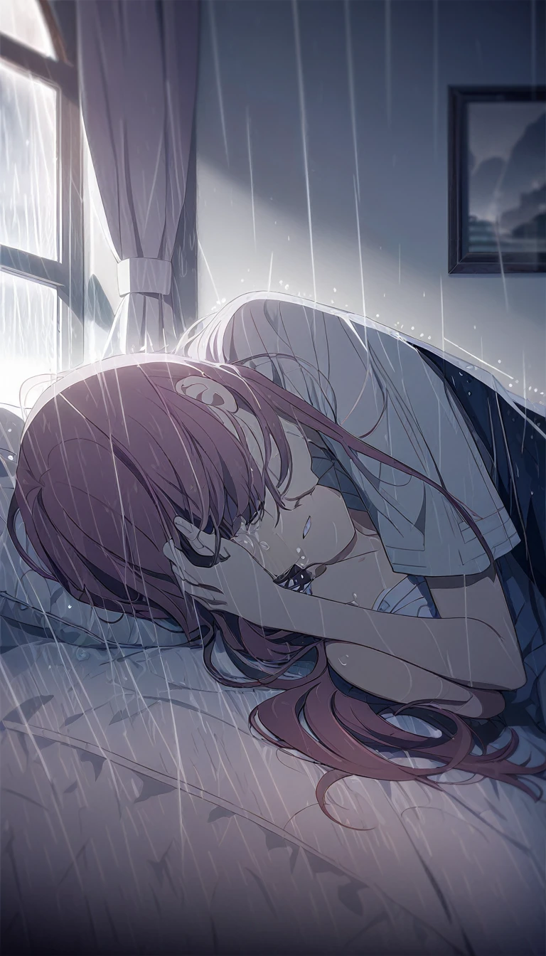 a boy and a girl in embrace on a bed, crying hugging scene,rain visible through a window, detailed anime style characters, sad, rainy window,, 8k, masterpiece, dramatic lighting