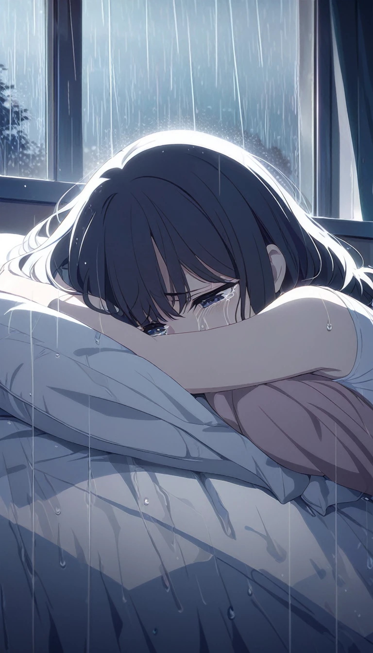 a boy and a girl in embrace on a bed, crying hugging scene,rain visible through a window, detailed anime style characters, sad, rainy window,, 8k, masterpiece, dramatic lighting