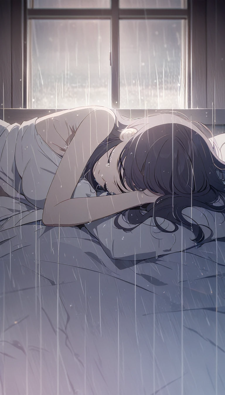 a boy and a girl in embrace on a bed, crying hugging scene,rain visible through a window, detailed anime style characters, sad, rainy window,, 8k, masterpiece, dramatic lighting
