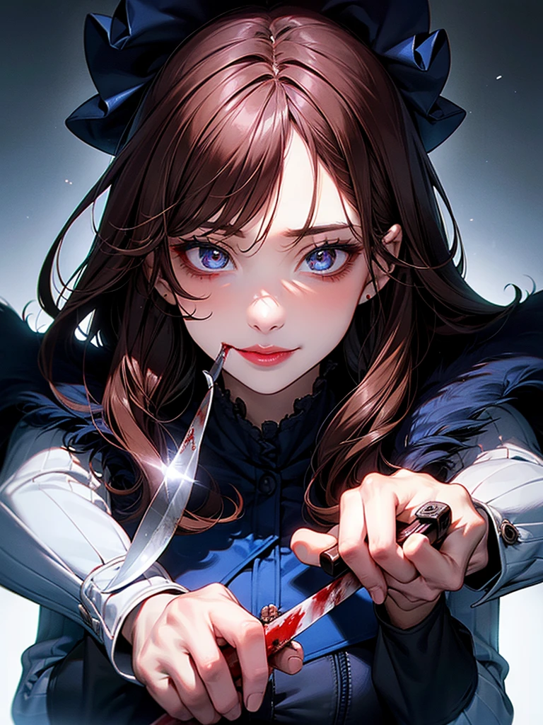 Unpleasant smile of a girl who loves knive、Psychopath horror, brown hair,blue eye, big lips, blood on face, ((holding knife)), juicy lips, big , holding knife by the handle, full body, long hair