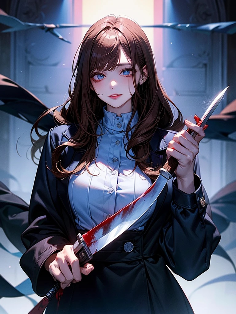 Unpleasant smile of a girl who loves knive、Psychopath horror, brown hair,blue eye, big lips, blood on face, ((holding knife)), juicy lips, big , holding knife by the handle, full body, long hair