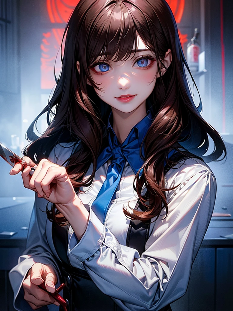 Unpleasant smile of a girl who loves knive、Psychopath horror, brown hair,blue eye, big lips, blood on face, ((holding knife)), juicy lips, big , holding knife by the handle, full body, long hair