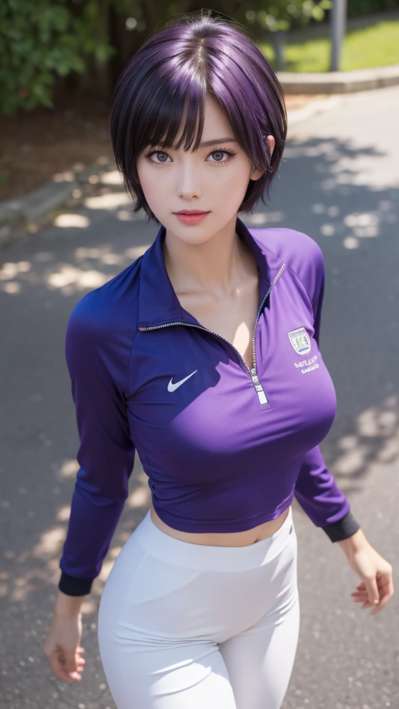 (masterpiece:1.2, Highest quality), (Realistic, photoRealistic:1.4), Beautiful illustrations, (Natural Side Lighting, Cinema Lighting),
Looking at the audience, (Focus on the chest), (From above:1.1), close,
((One mature woman, Japanese, 28 years old)), High school physical education teacher, Perfect Face, Cute symmetrical face, Shiny skin, Baby Face,
((Very short hair:1.6, Shaggy Cut, Silver-purple hair)), Hair between the eyes, Deep purple eyed idol's chest, Captivating thighs, Big Ass), Earrings,
Beautiful Hair, Beautiful Face, Narrow and beautiful eyes, Beautiful clavicle, Beautiful body, Beautiful breasts, Beautiful thighs, Beautiful legs, Beautiful fingers,
((Blue tracksuit, White pants)),
(Beautiful views), evening, Outdoor, walk, (smile, Open your mouth),