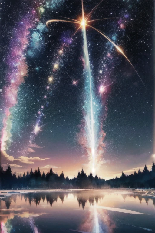 masterpiece, masterpiece, Very detailed, meteor, comet, moon, Starry Sky, lake reflection, A dreamlike sight, Anime CG, Great images，Tanabata，milky way，