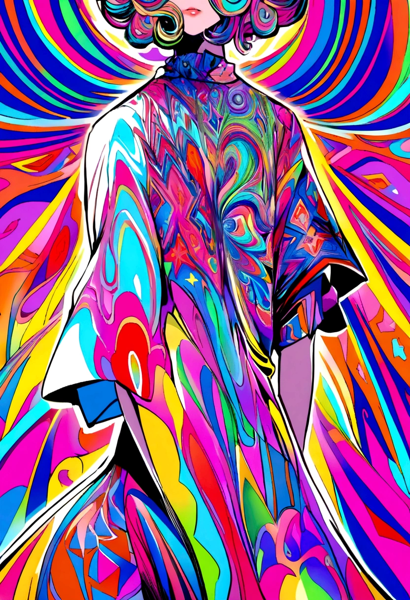 You can create psychedelic t-shirt designs with vibrant colors and abstract figures., but give me only the design not with model