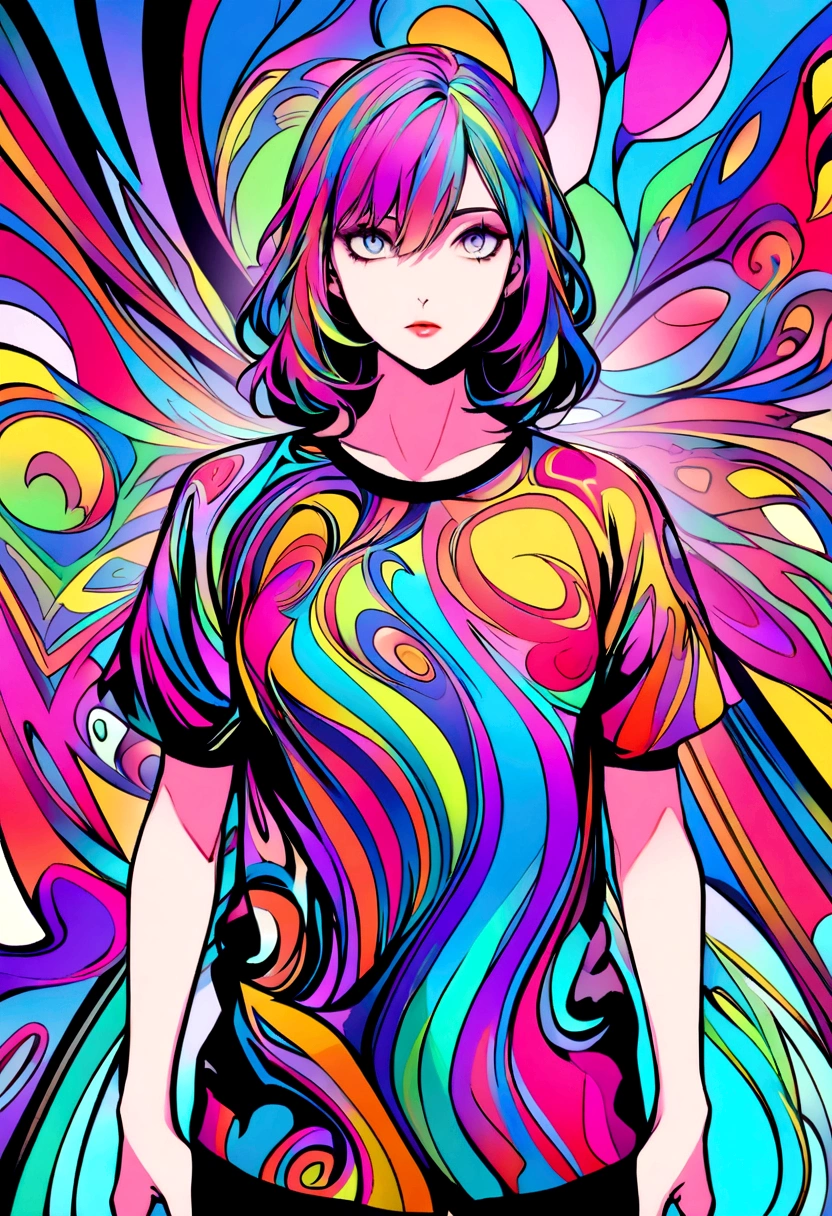 You can create psychedelic t-shirt designs with vibrant colors and abstract figures., but give me only the design not with model