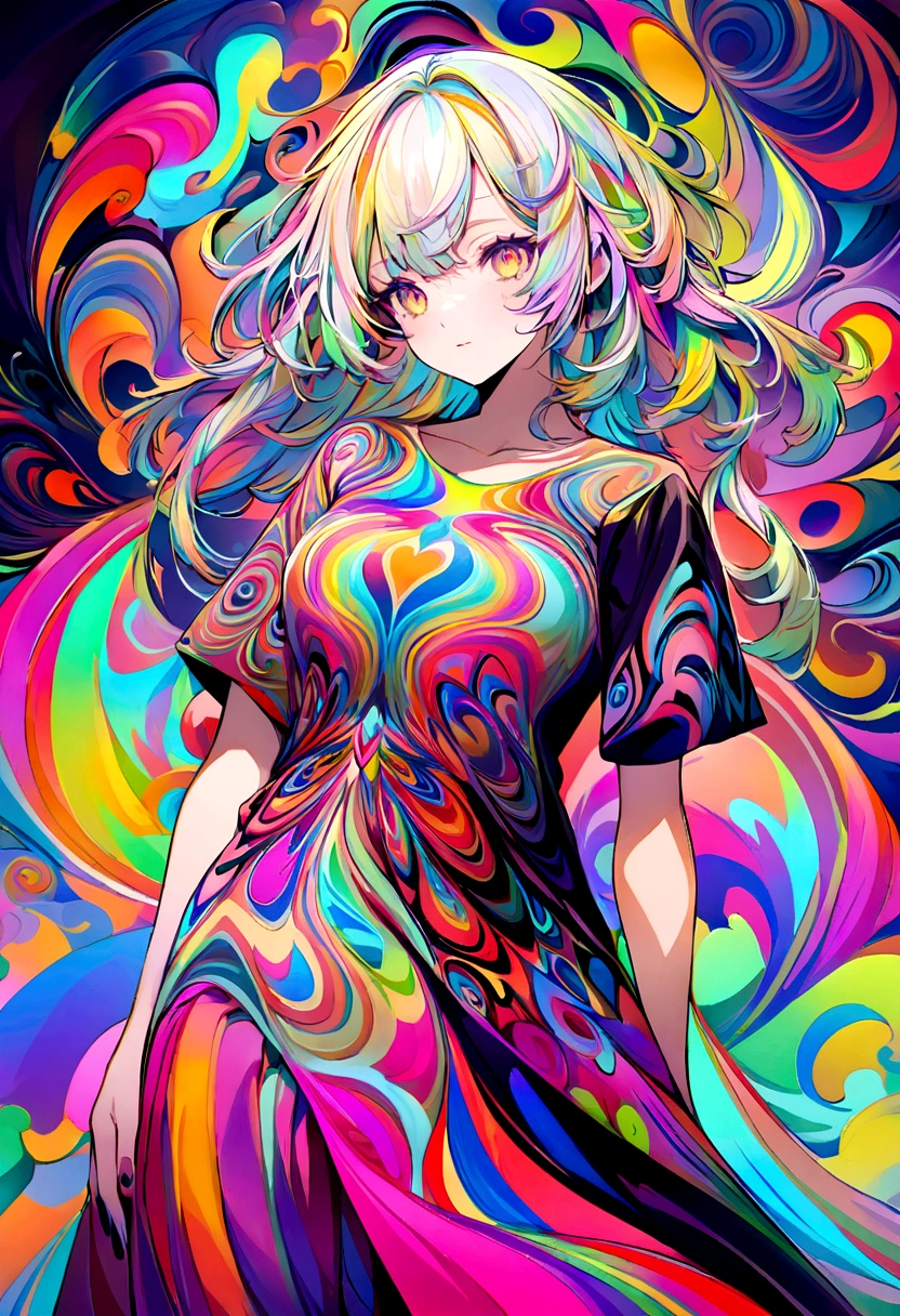 You can create psychedelic t-shirt designs with vibrant colors and abstract figures., but give me only the design not with model