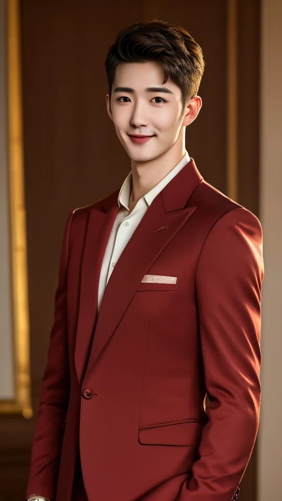 A man wearing a crimson suit,Smile1.2,Masterpiece,height,Very detailed,best quality,full body photo ,realistic,raw image, art station,short hair, handsome, Anatomically correct, detailed skin, (detailed face), Very detailed and delicate eyes, Clean and shiny lips, (Very detailed:1.3), (best quality:1.3), (Masterpiece, 8K:1.3), (realistic:1.3), natural light