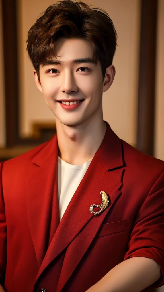 A man wearing a crimson suit,Smile1.2,Masterpiece,height,Very detailed,best quality,full body photo ,realistic,raw image, art station,short hair, handsome, Anatomically correct, detailed skin, (detailed face), Very detailed and delicate eyes, Clean and shiny lips, (Very detailed:1.3), (best quality:1.3), (Masterpiece, 8K:1.3), (realistic:1.3), natural light