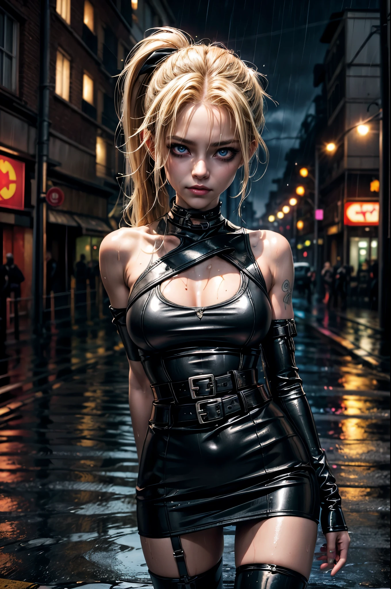 (RAW photo, best quality), Cute jinx girl with blond hair, ((blond hair)), (double ponytail blond hair), (((soaking wet hair))), (hair over one eye), (empty rainy street background), very dark eyeliner, jinxlol, happy smile, gorgeous face , super cute, punk, healthy face, (puffy cheeks), , young looking, hyper detailed face, detailed skin, heavy dark eyeliner, (enormous super sized breast), (thin waist, slender, skinny), ((soaking wet clothes)), ((soaking wet glossy shiny latex dress)), ((bare shoulders)), ((wet black latex arm sleeves)), ((multiple black belts at the waist)), ((multiple black belts at the hip)), ((black collar)), flower tattoos, perfecteyes eyes, latex stocking, ((cleavage)), ((very wet skin)), singing in the rain