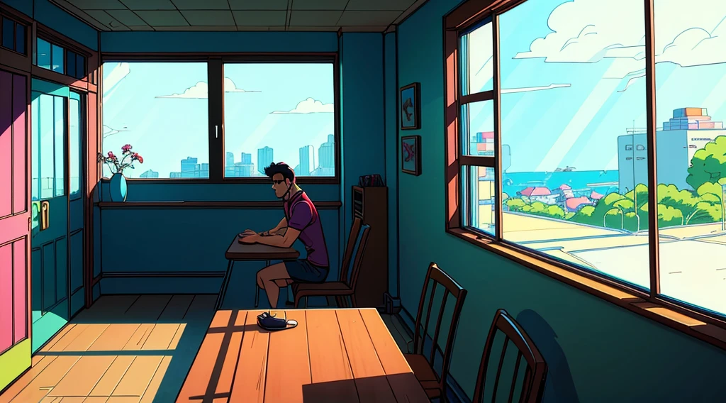 naughty man, window, Raby, thunder, articulation, café, hall, To view, animated cartoon, relaxante, foco na Raby caindo na window, 80s anime style