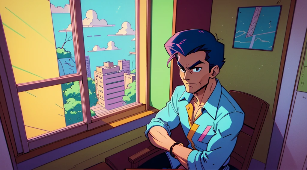 naughty man, window, Raby, thunder, articulation, café, hall, To view, animated cartoon, relaxante, foco na Raby caindo na window, 80s anime style
