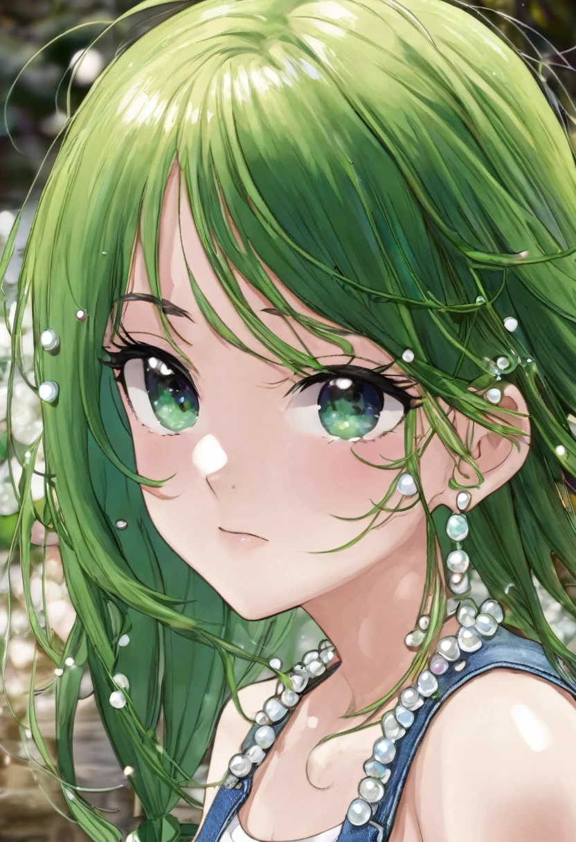 une fille manga aux cheveux bruns clairs et aux yeux verts elle a un débardeur blanc avec des perles sur les bretelles et un short en jean