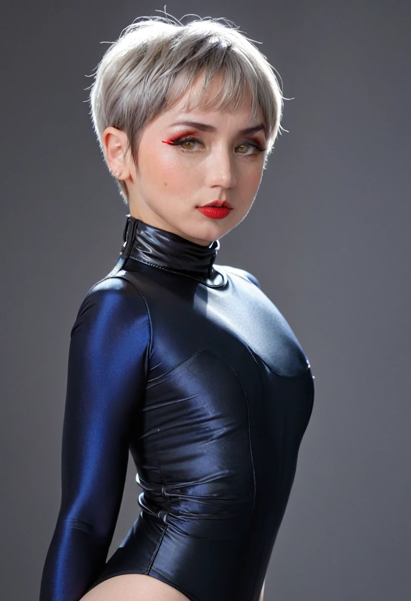 cyber punk edgerunners, One girl, Lucy (cyber punk), Bare shoulders, blue eyes, chest, leotard, View your viewers, medium chest, Off the shoulderジャケット, Off the shoulder, Red eyeliner, short hair, sleeveless turtleneck leotard, alone, turtleneck leotard, Gray Hair, ((masterpiece)) (Highest quality, masterpiece), standing, front view, ana de armas