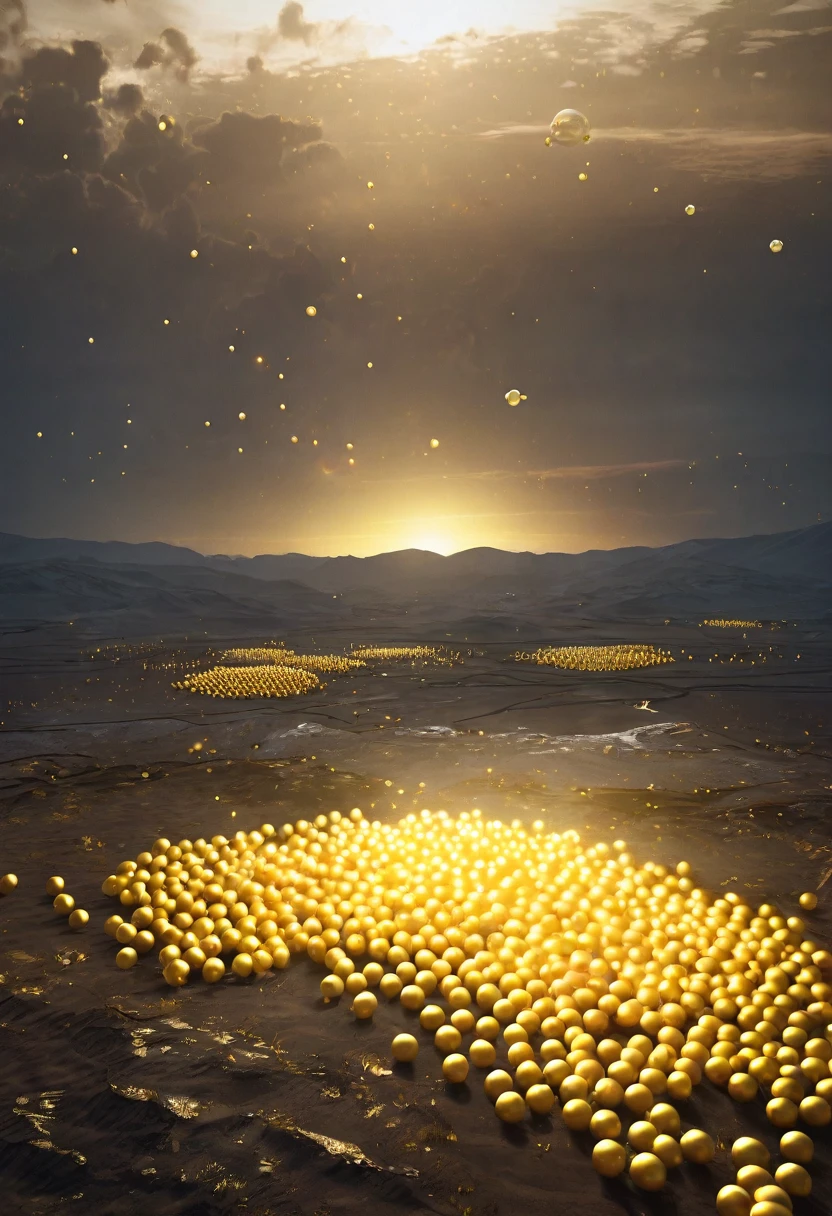 Countless golden glowing balls are floating in the wasteland,Hazy mysterious atmosphere